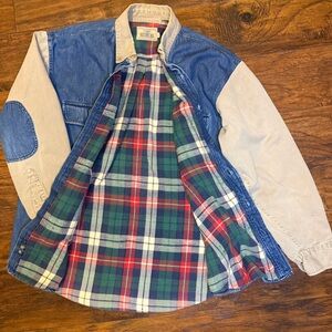 VTG RedHead Patchwork Flannel Denim Shirt Shacket 90s Reworked Plaid Cabincore L